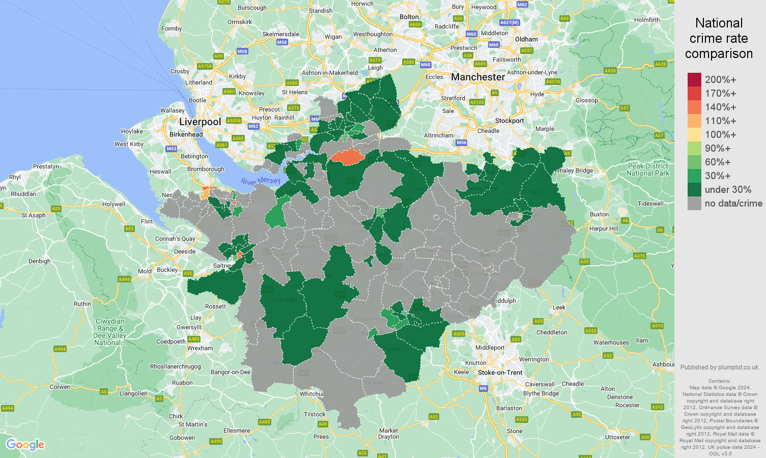 Cheshire theft from the person crime rate comparison map