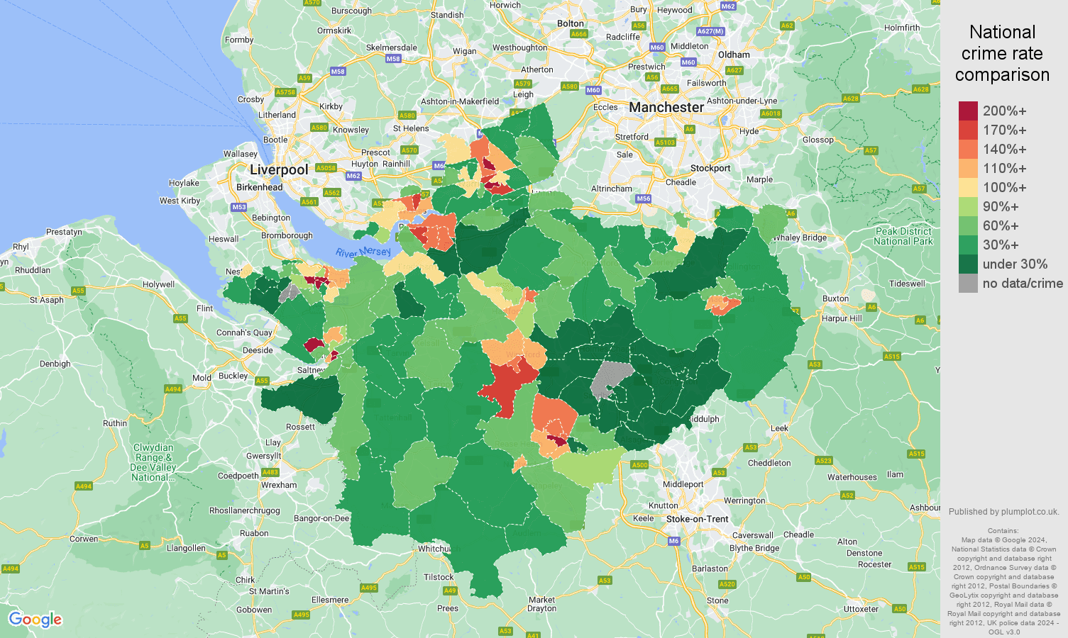 Cheshire violent crime rate comparison map