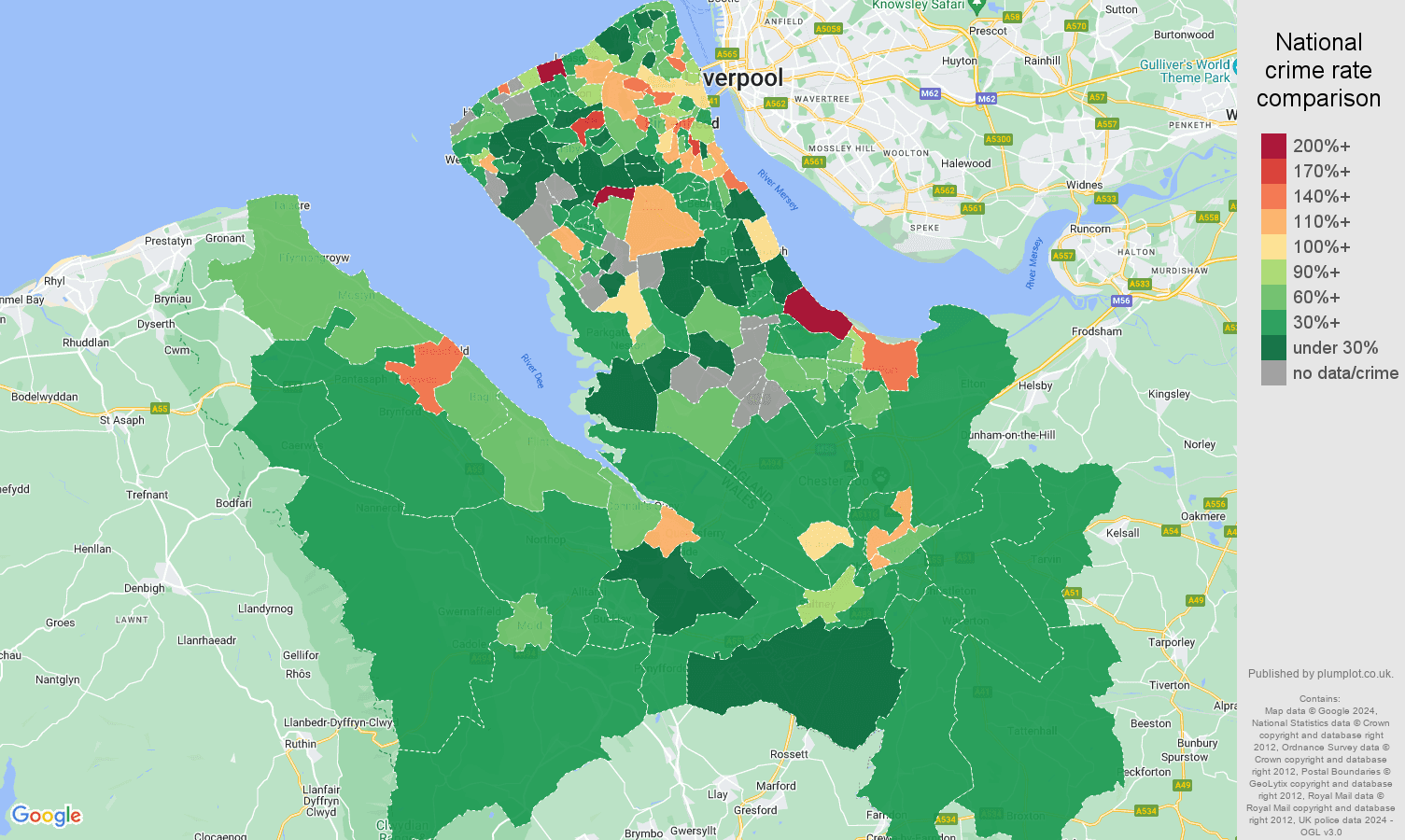 Chester burglary crime rate comparison map