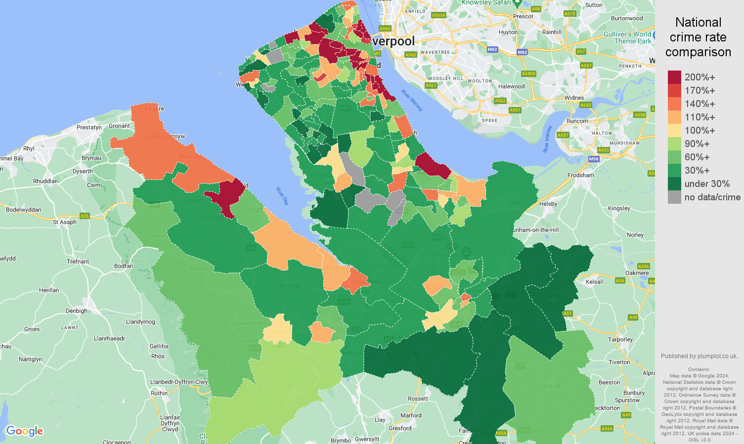 Chester criminal damage and arson crime rate comparison map