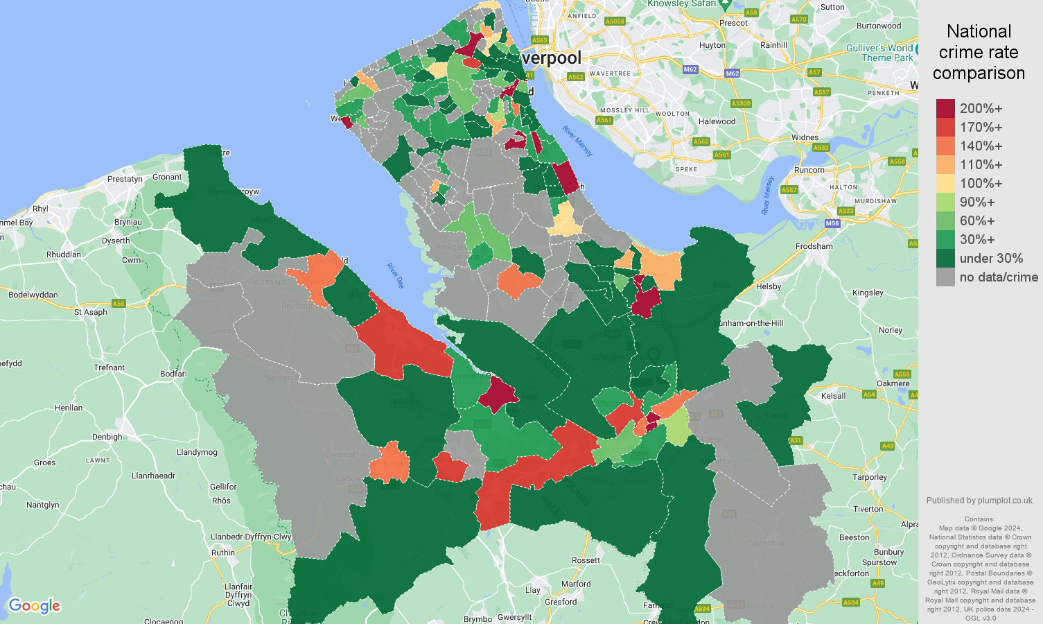 Chester shoplifting crime rate comparison map
