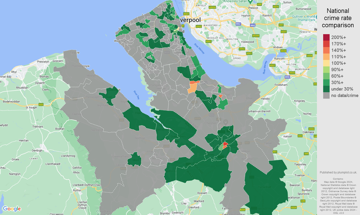 Chester theft from the person crime rate comparison map
