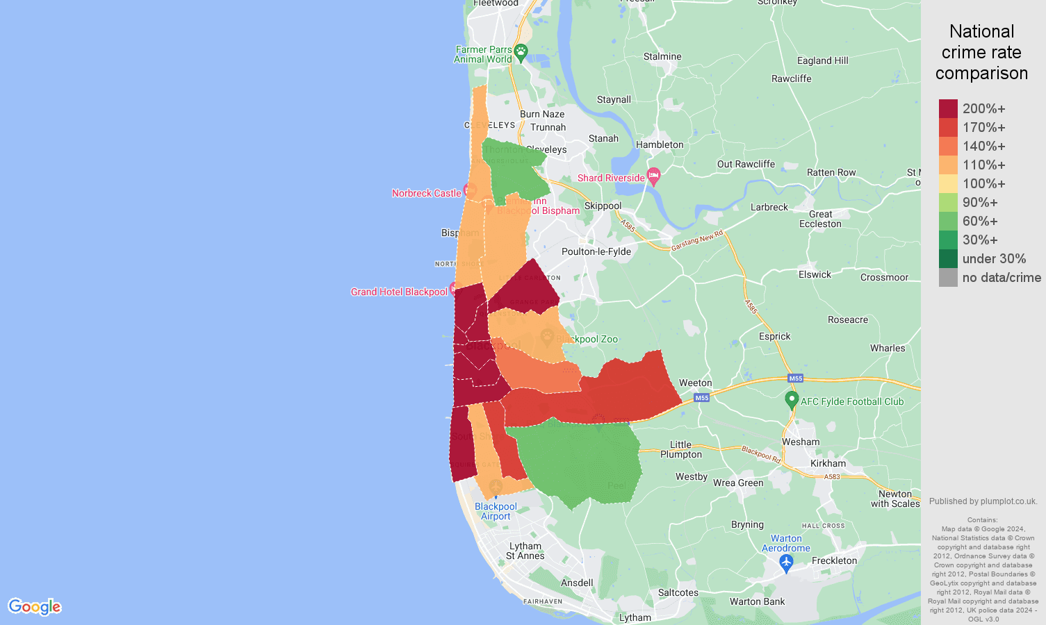 Blackpool crime rate comparison map