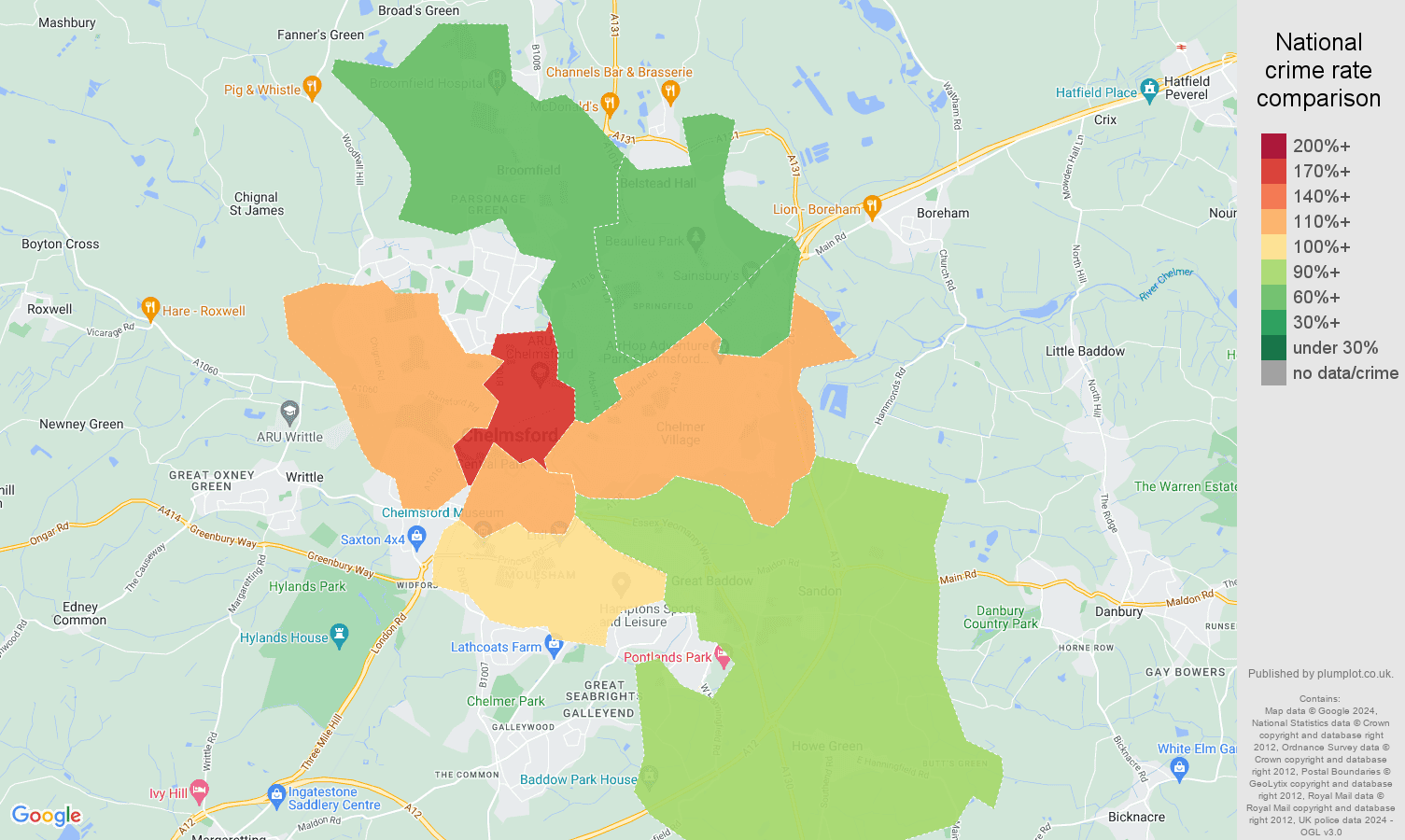 Chelmsford crime rate comparison map