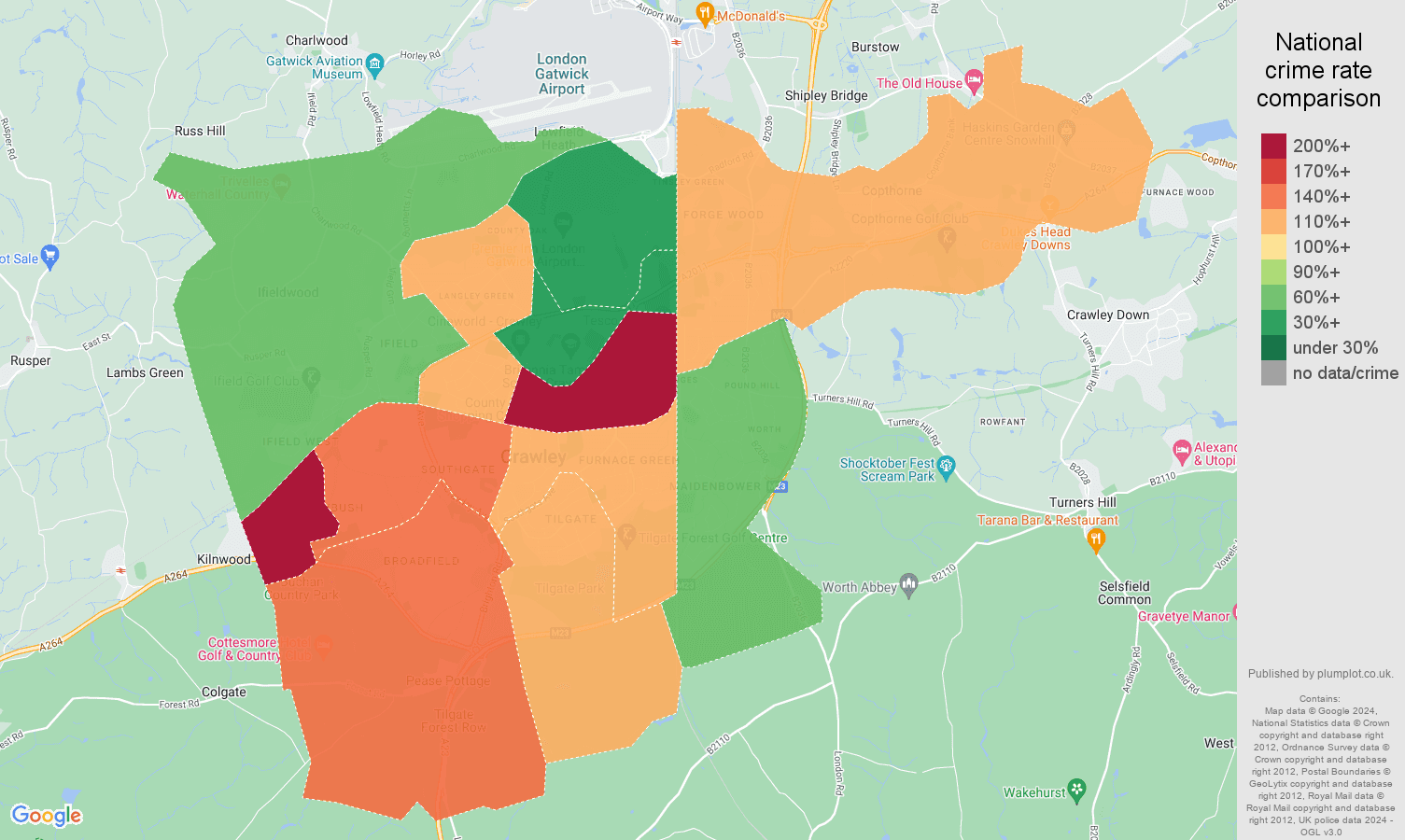 Crawley crime rate comparison map