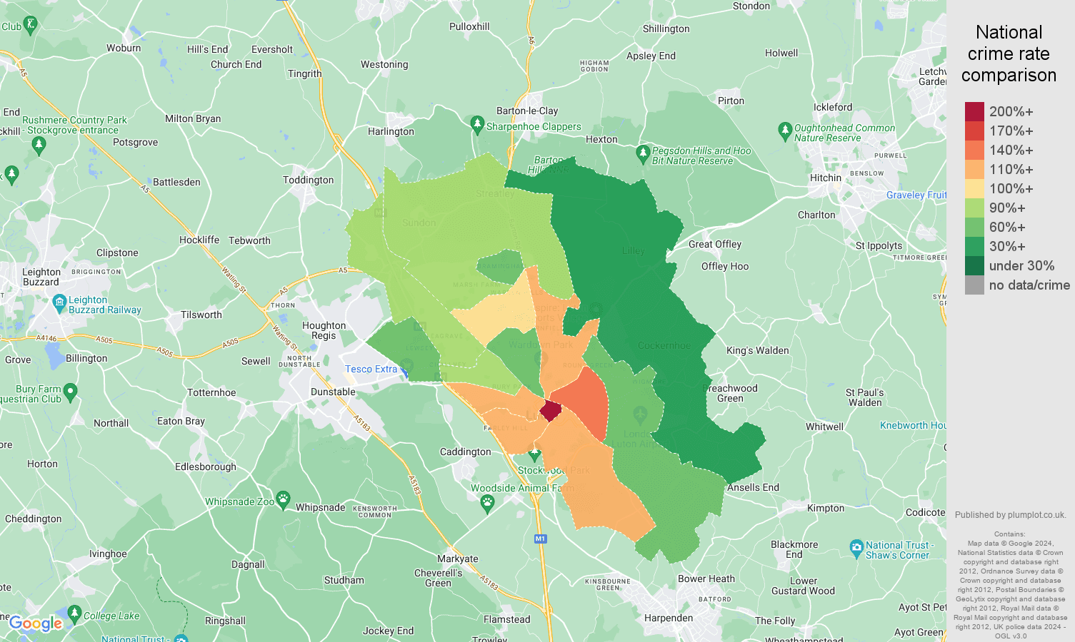 Luton crime rate comparison map