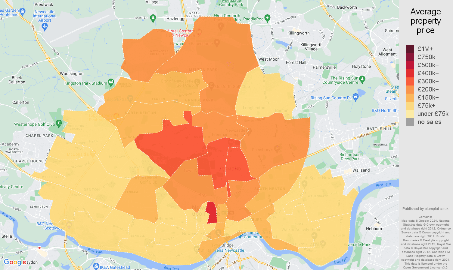 Newcastle upon Tyne house prices map