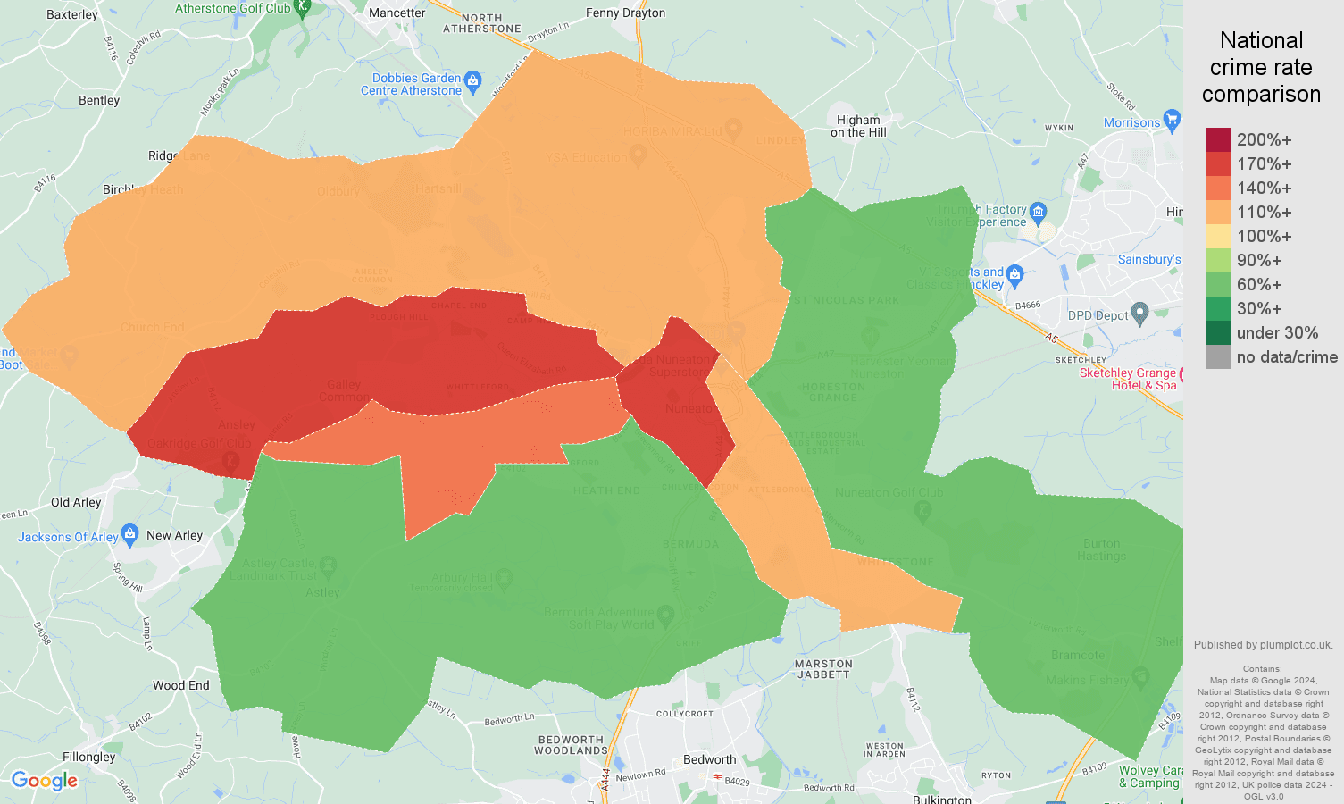 Nuneaton crime rate comparison map