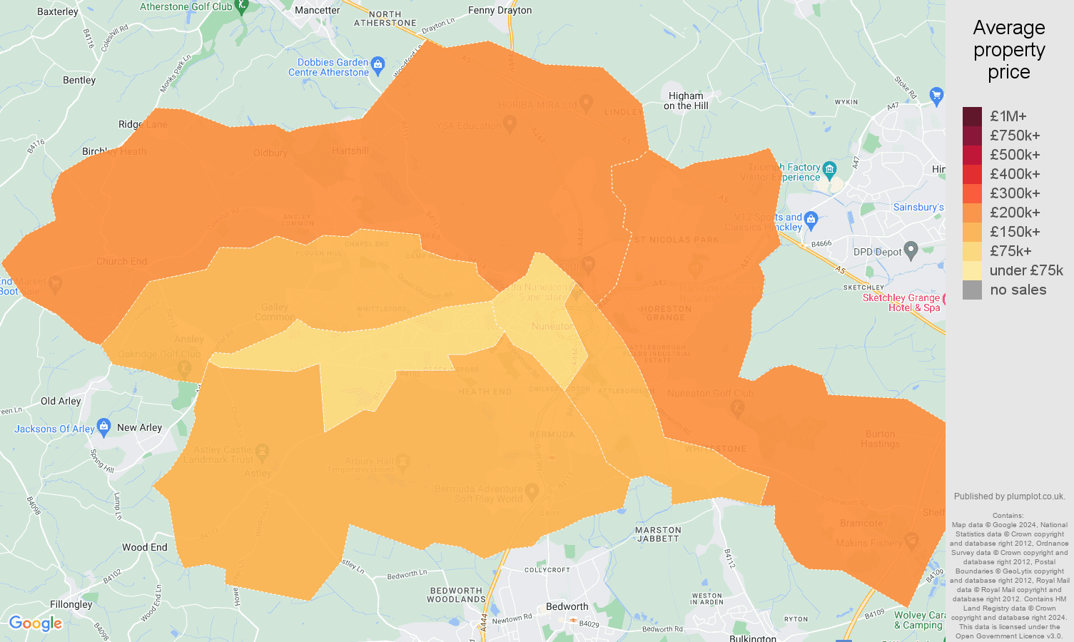 Nuneaton house prices map