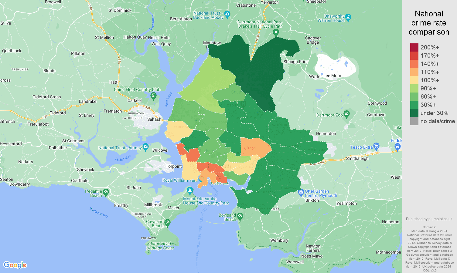 Plymouth crime rate comparison map