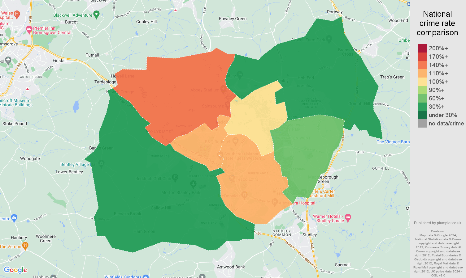 Redditch crime rate comparison map