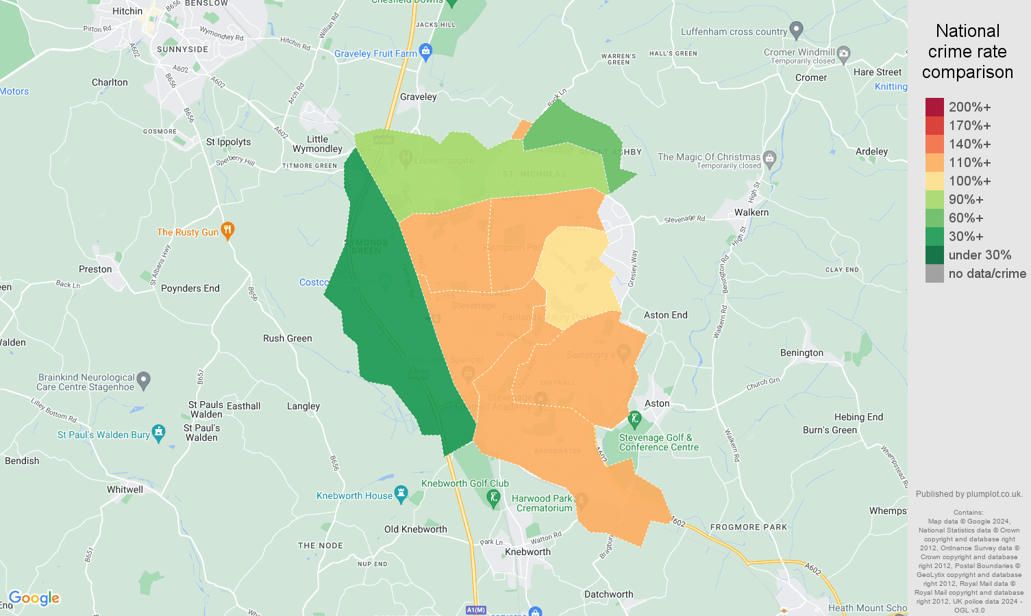 Stevenage crime rate comparison map