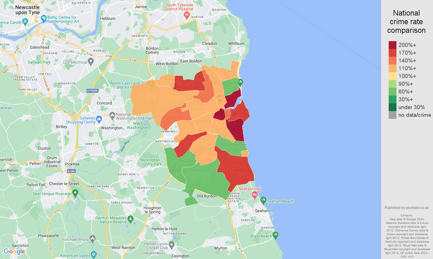 Sunderland crime rate comparison map