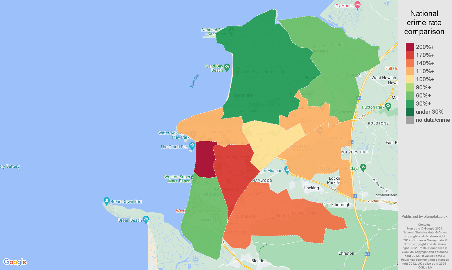 Weston Super Mare crime rate comparison map