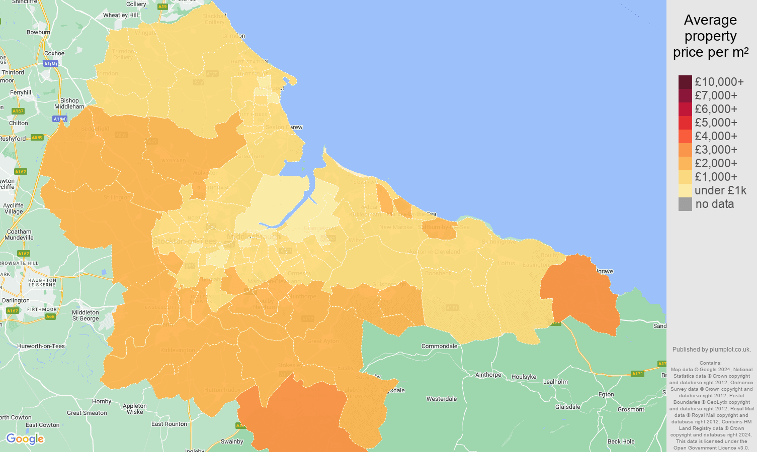 Cleveland house prices per square metre map