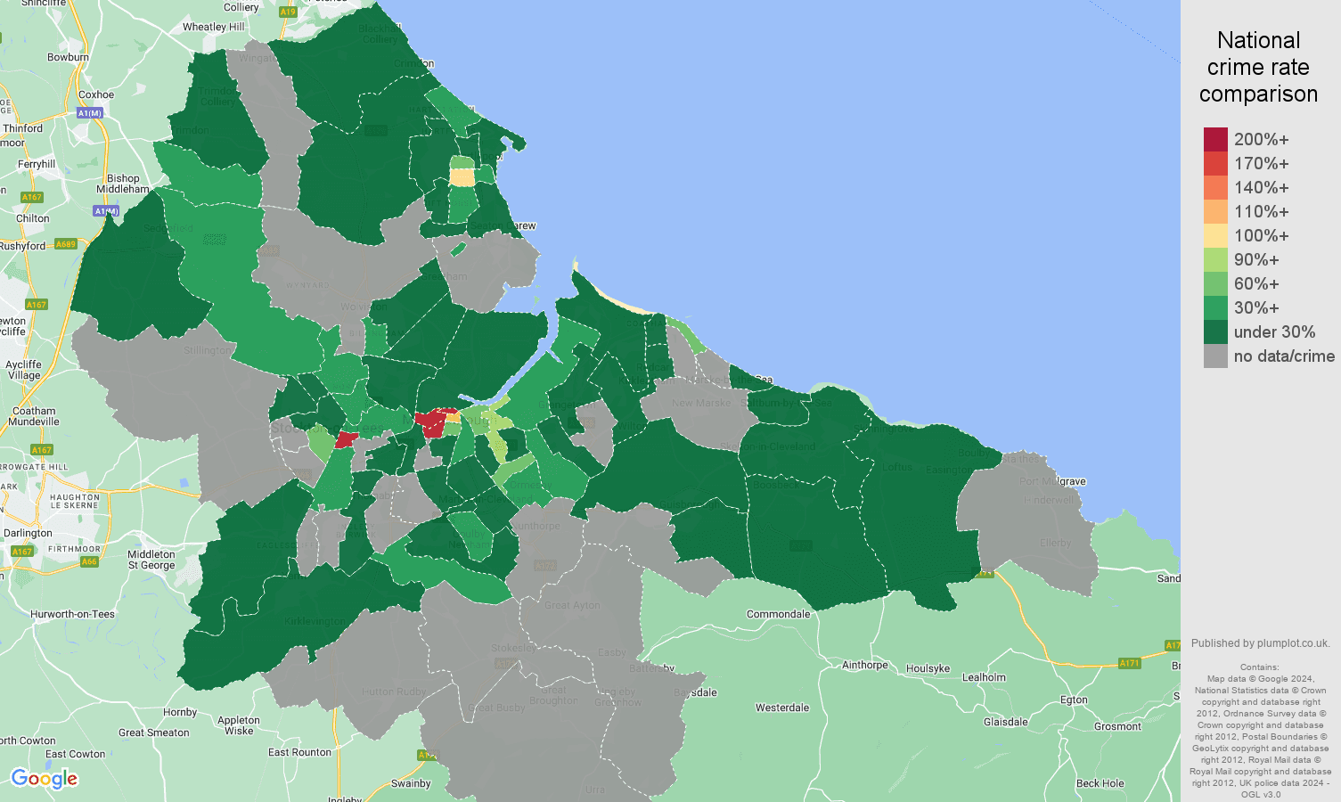 Cleveland theft from the person crime rate comparison map