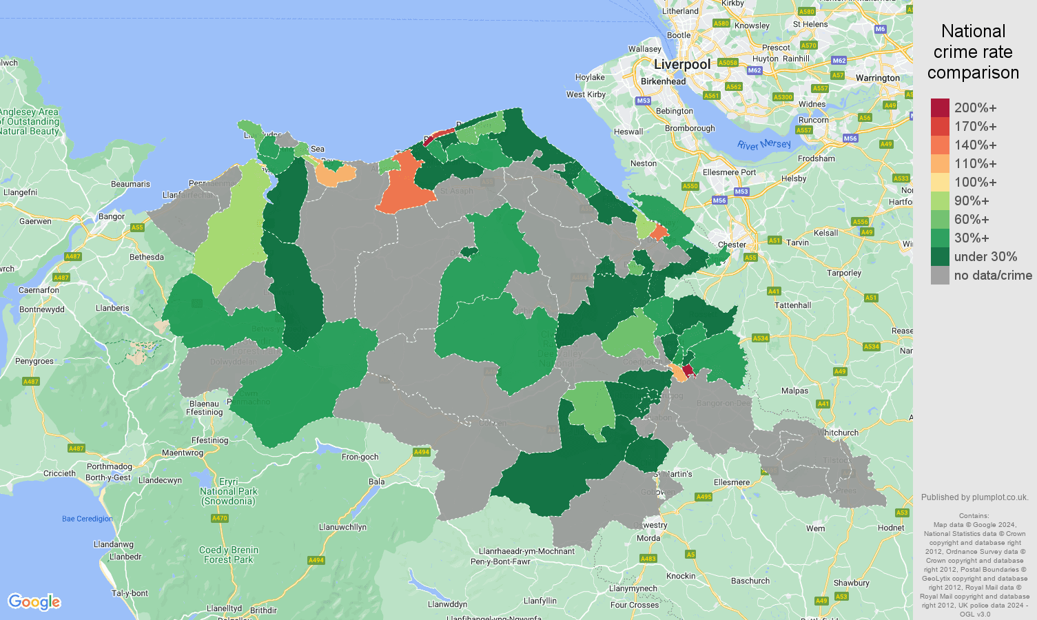 Clwyd bicycle theft crime rate comparison map