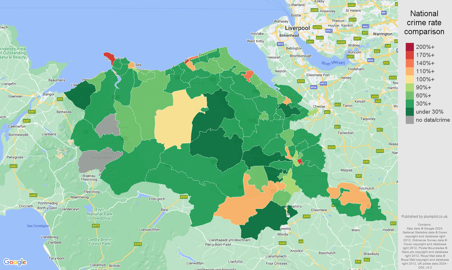 Clwyd burglary crime rate comparison map