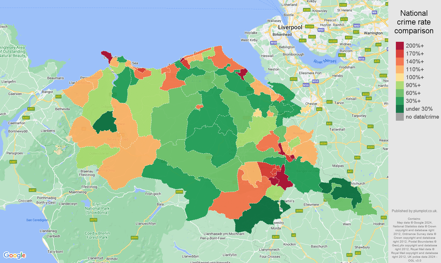 Clwyd criminal damage and arson crime rate comparison map