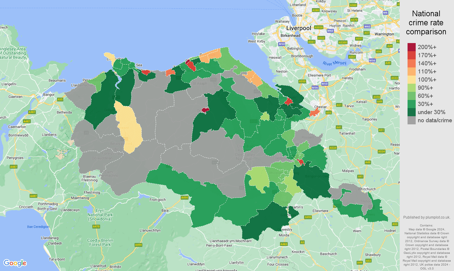 Clwyd possession of weapons crime rate comparison map