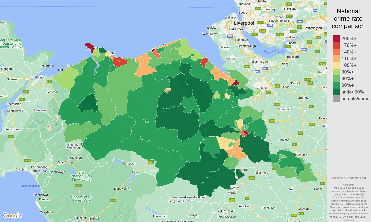 Clwyd public order crime rate comparison map