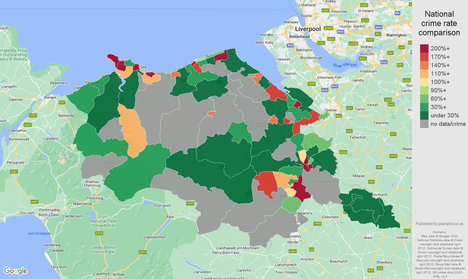 Clwyd shoplifting crime rate comparison map