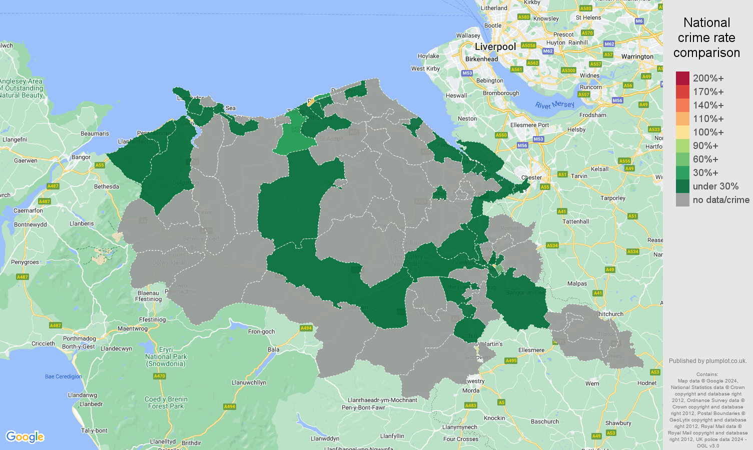 Clwyd theft from the person crime rate comparison map