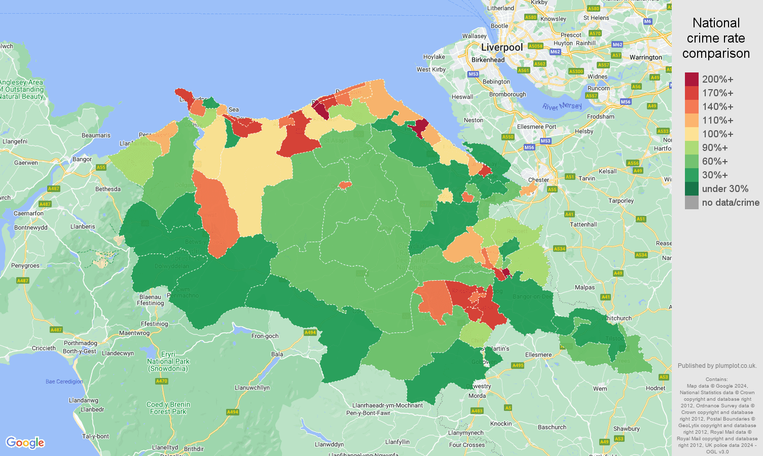 Clwyd violent crime rate comparison map