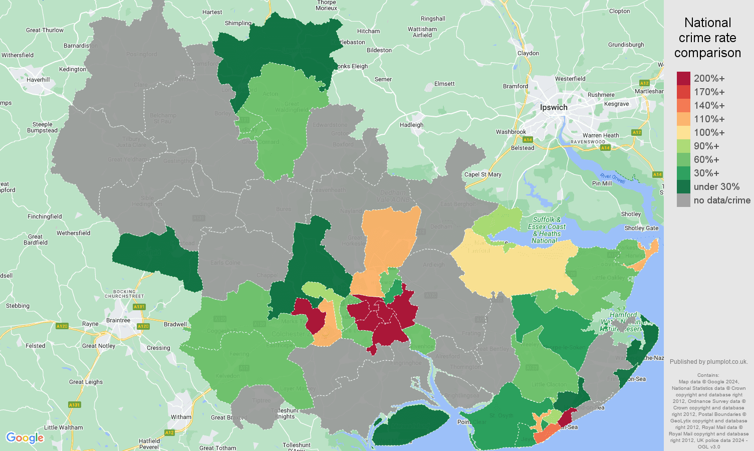 Colchester bicycle theft crime rate comparison map