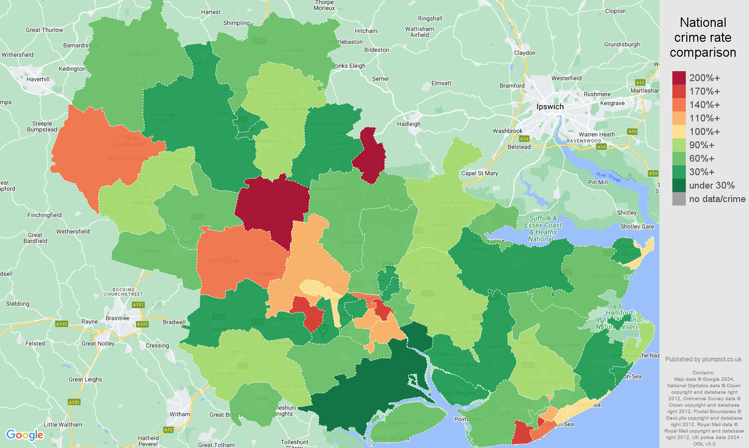 Colchester burglary crime rate comparison map