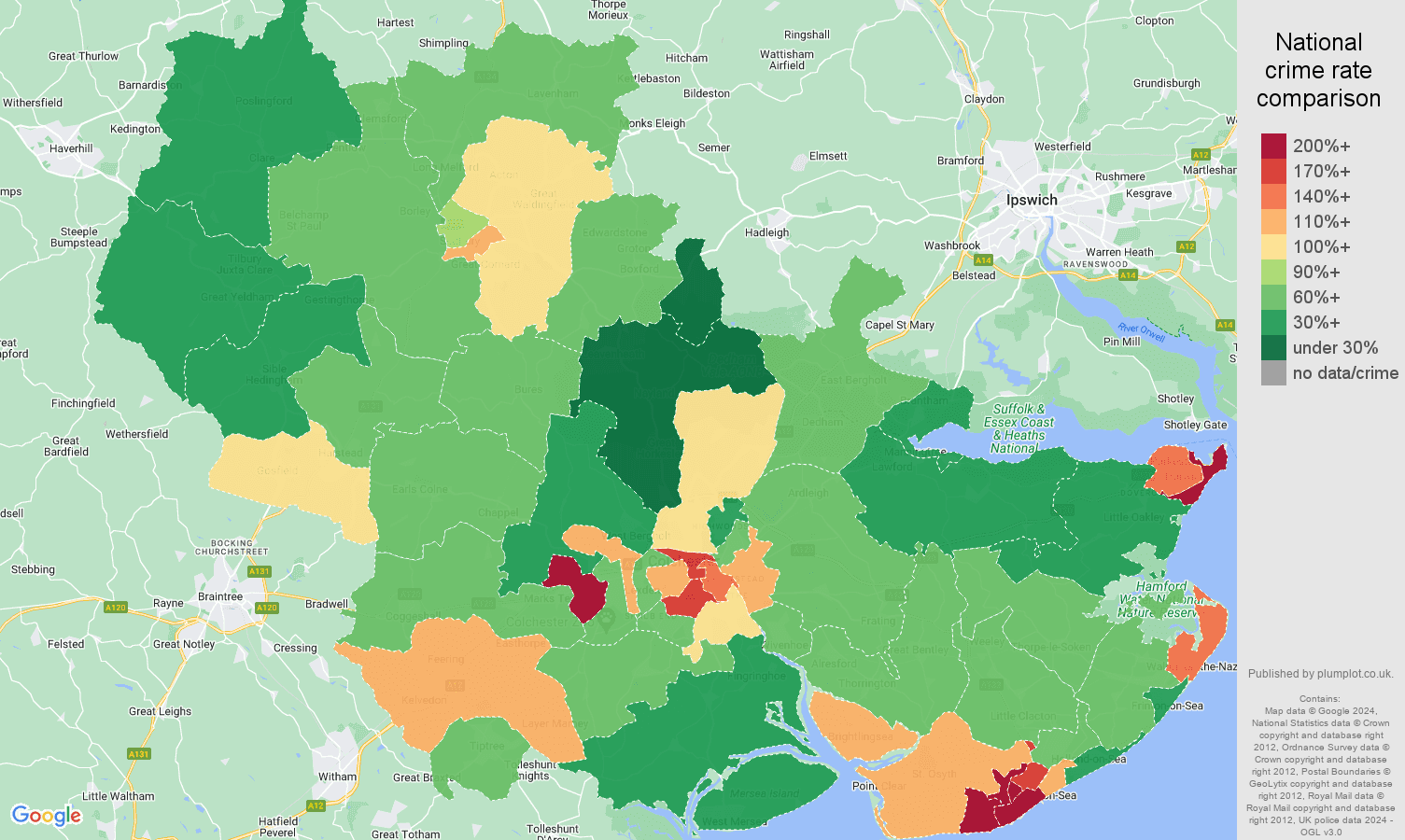 Colchester criminal damage and arson crime rate comparison map