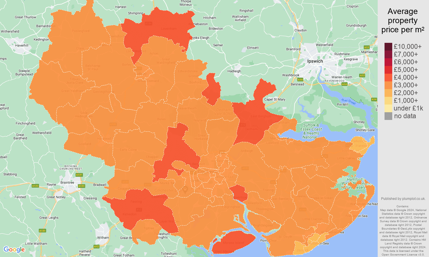 Colchester house prices per square metre map