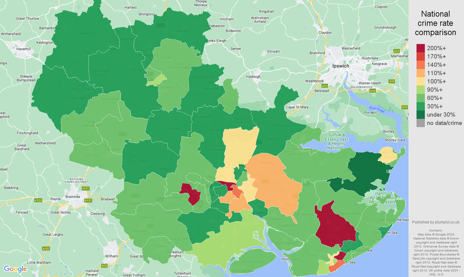 Colchester other theft crime rate comparison map