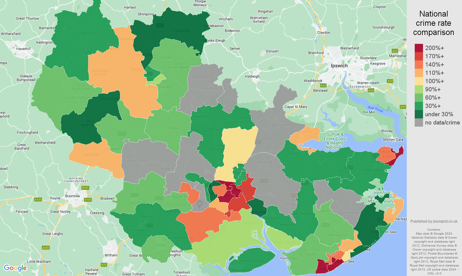 Colchester possession of weapons crime rate comparison map