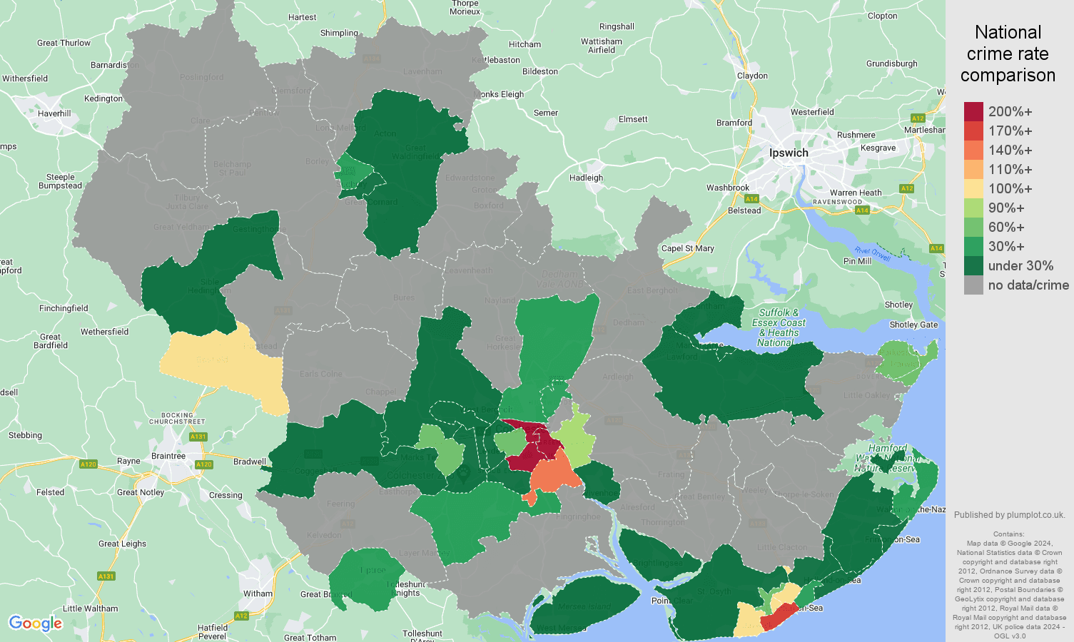 Colchester robbery crime rate comparison map