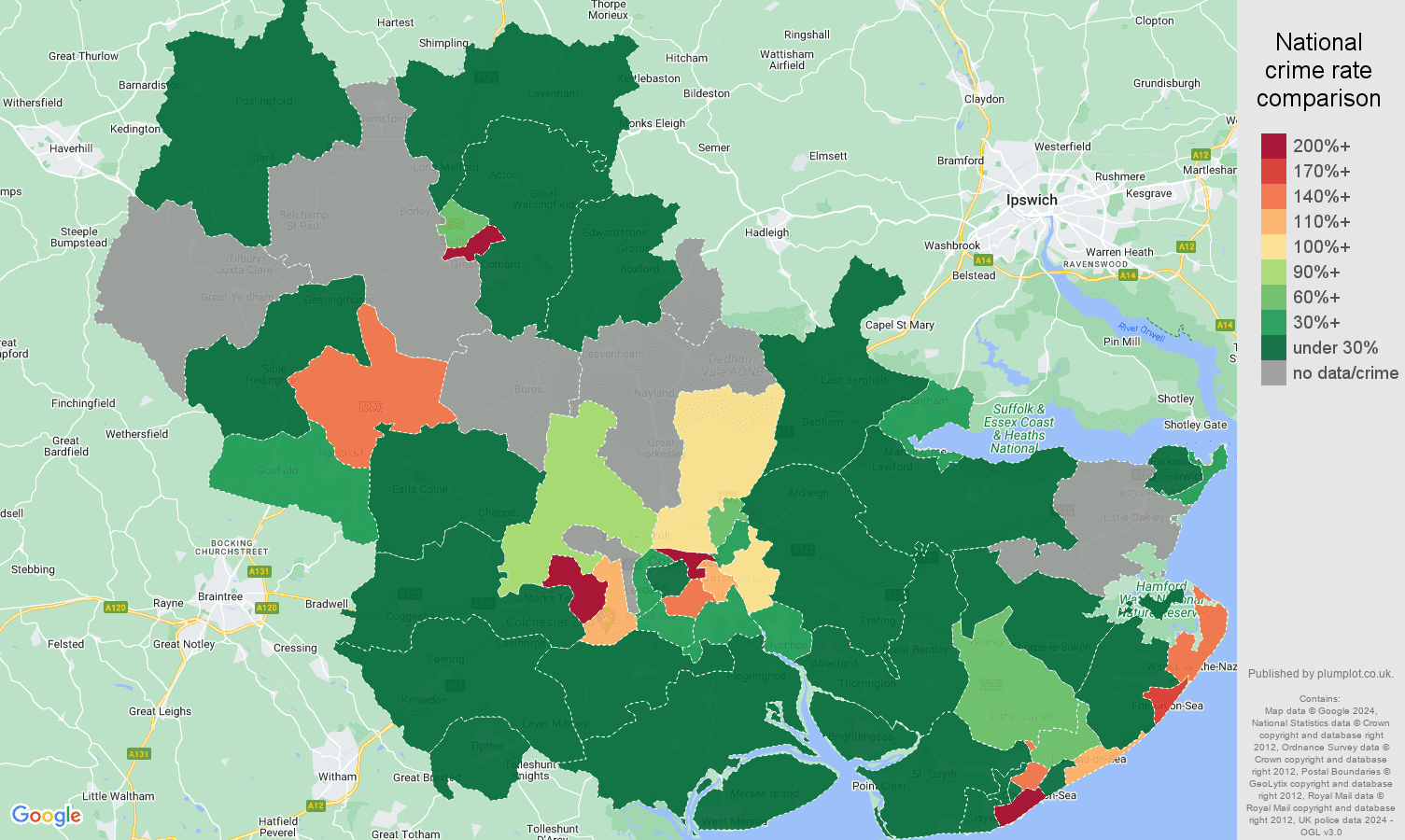 Colchester shoplifting crime rate comparison map
