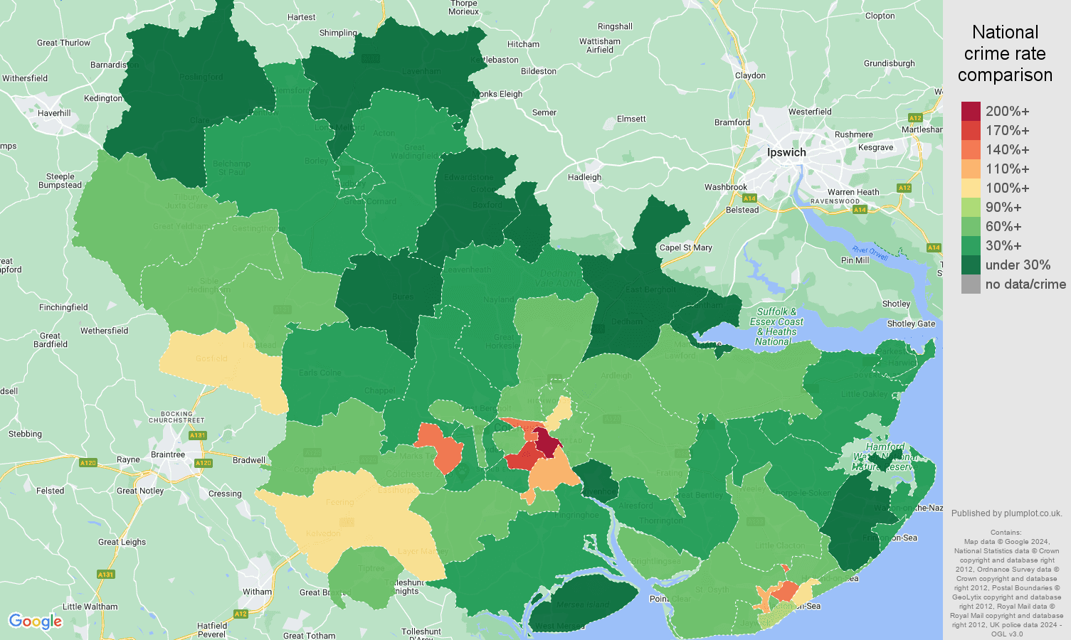 Colchester vehicle crime rate comparison map