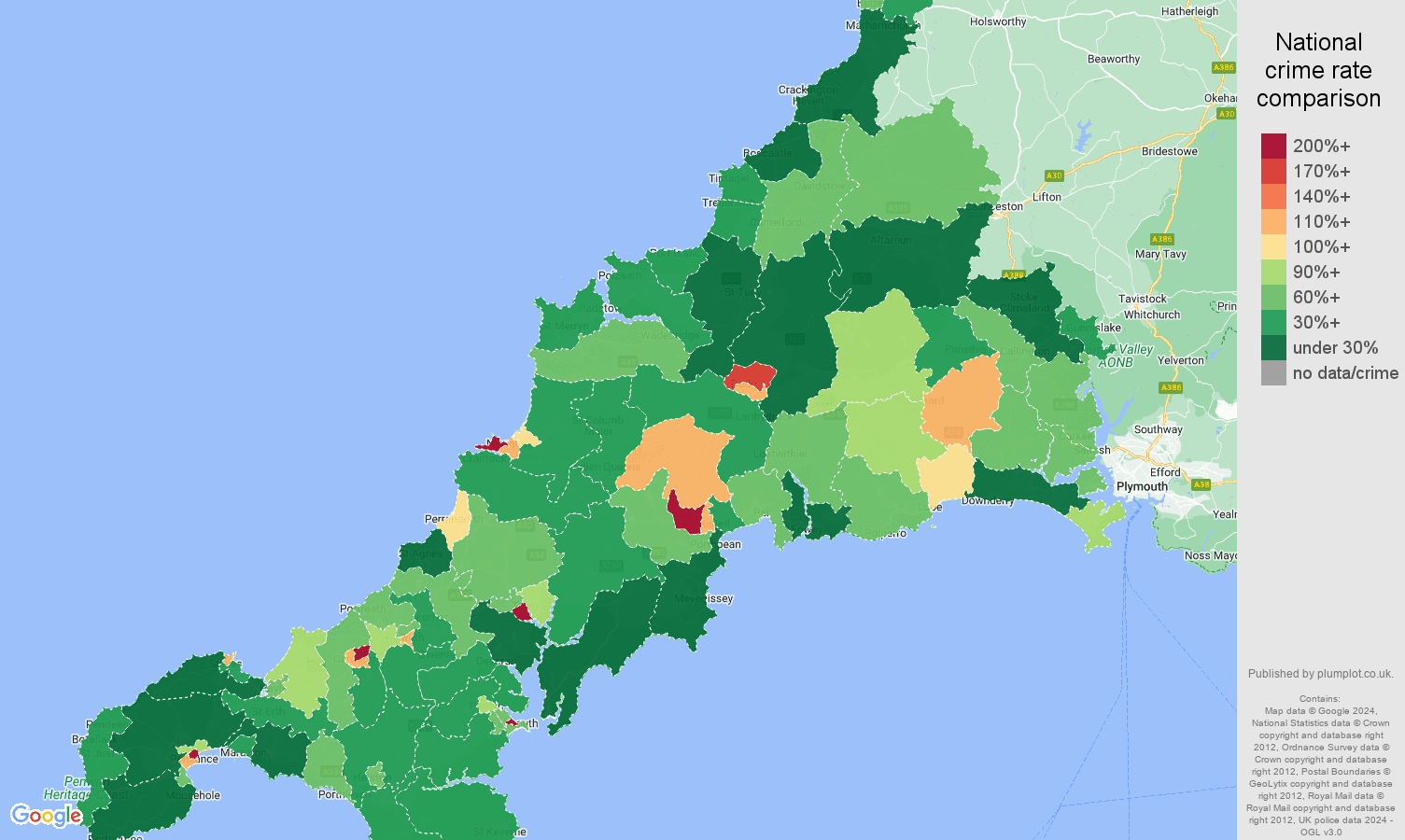 Cornwall antisocial behaviour crime rate comparison map