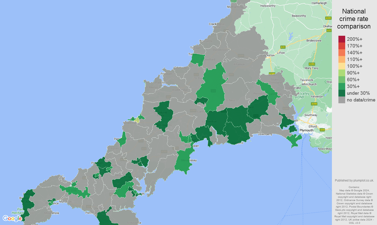 Cornwall bicycle theft crime rate comparison map