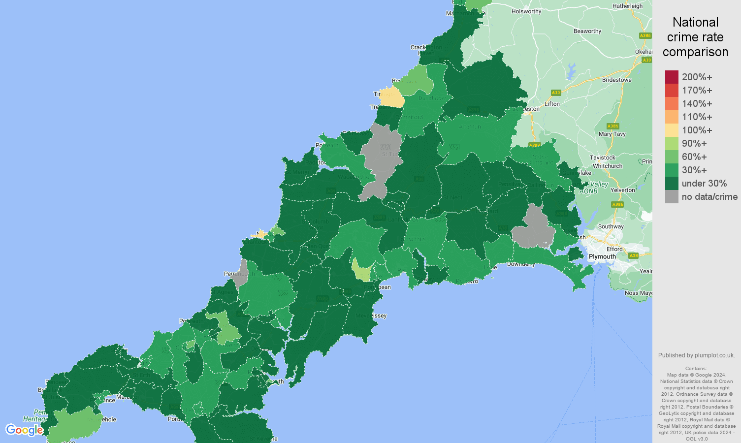 Cornwall burglary crime rate comparison map