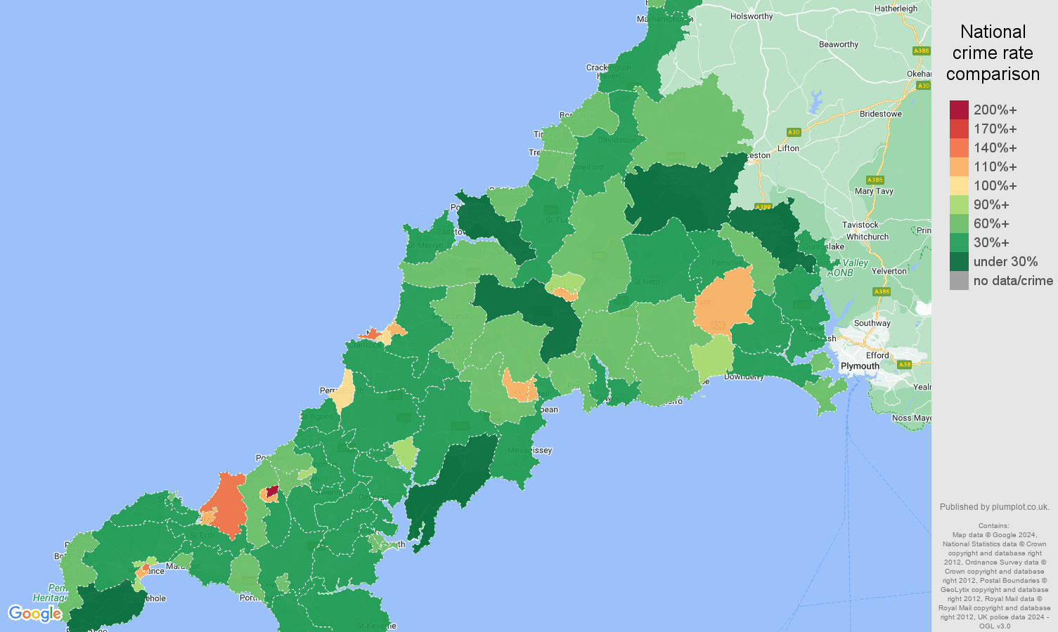 Cornwall criminal damage and arson crime rate comparison map