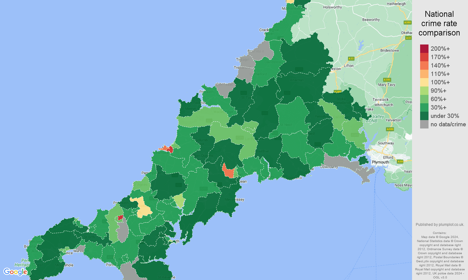 Cornwall drugs crime rate comparison map
