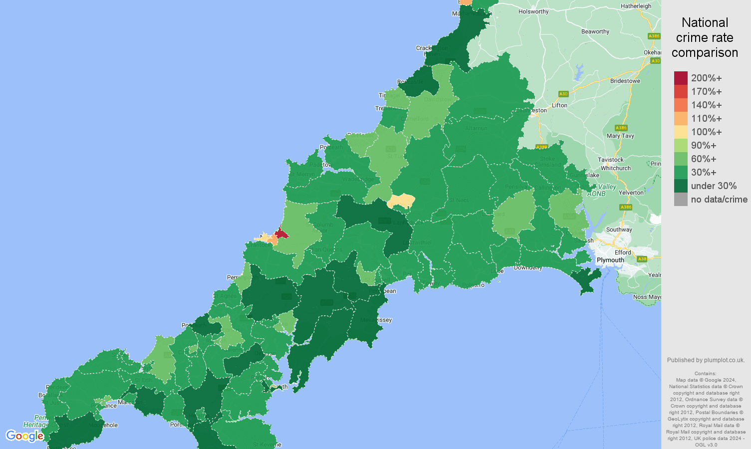Cornwall other theft crime rate comparison map