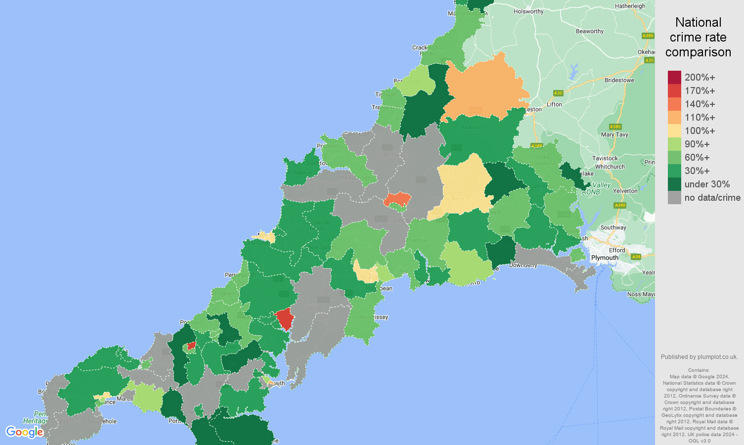 Cornwall possession of weapons crime rate comparison map