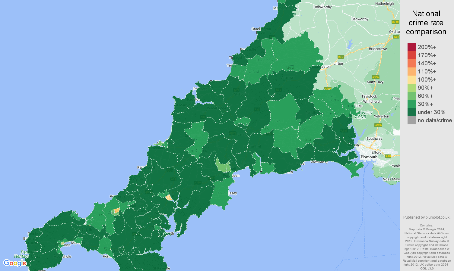 Cornwall public order crime rate comparison map