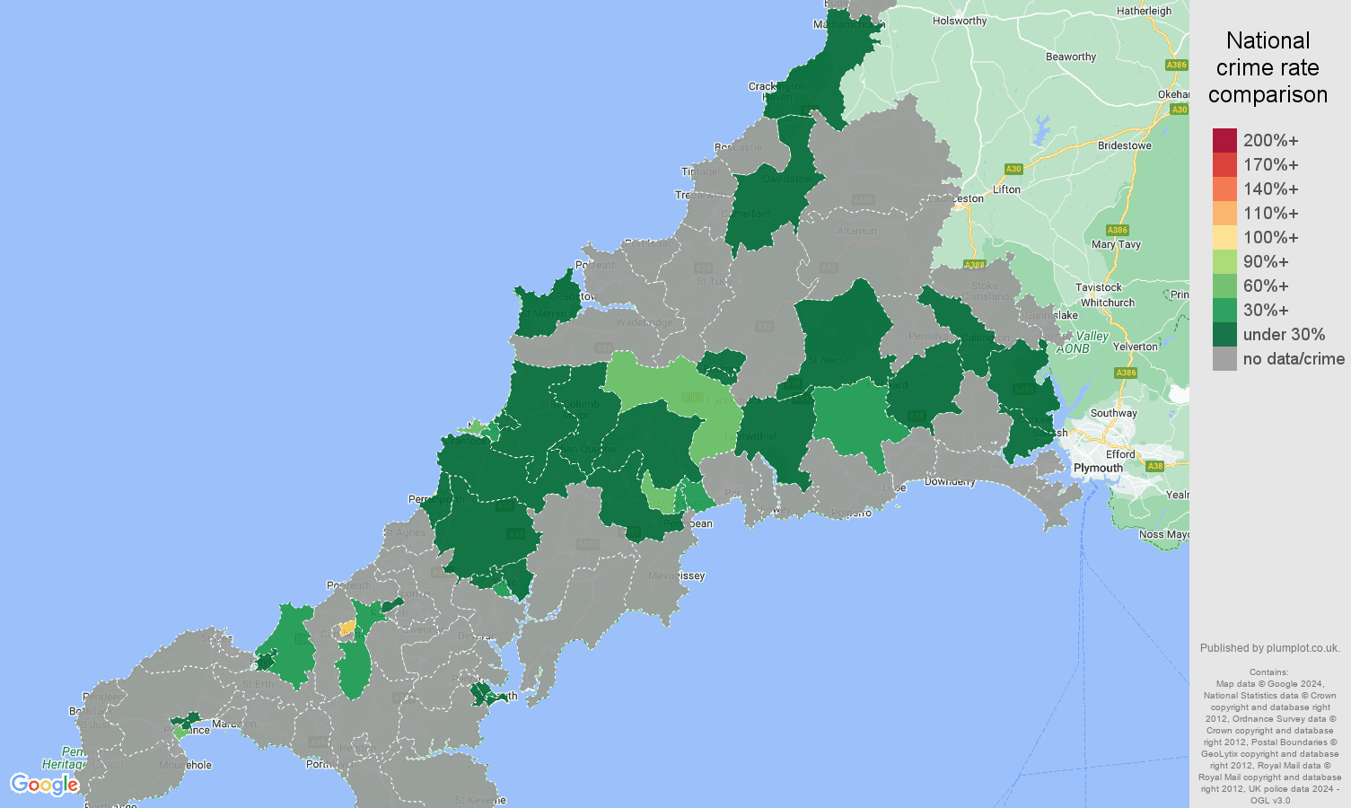 Cornwall robbery crime rate comparison map