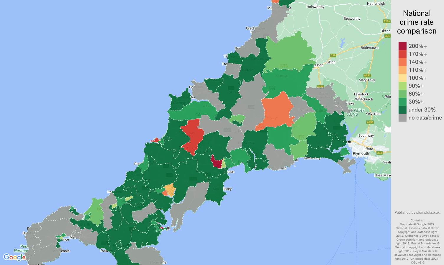 Cornwall shoplifting crime rate comparison map