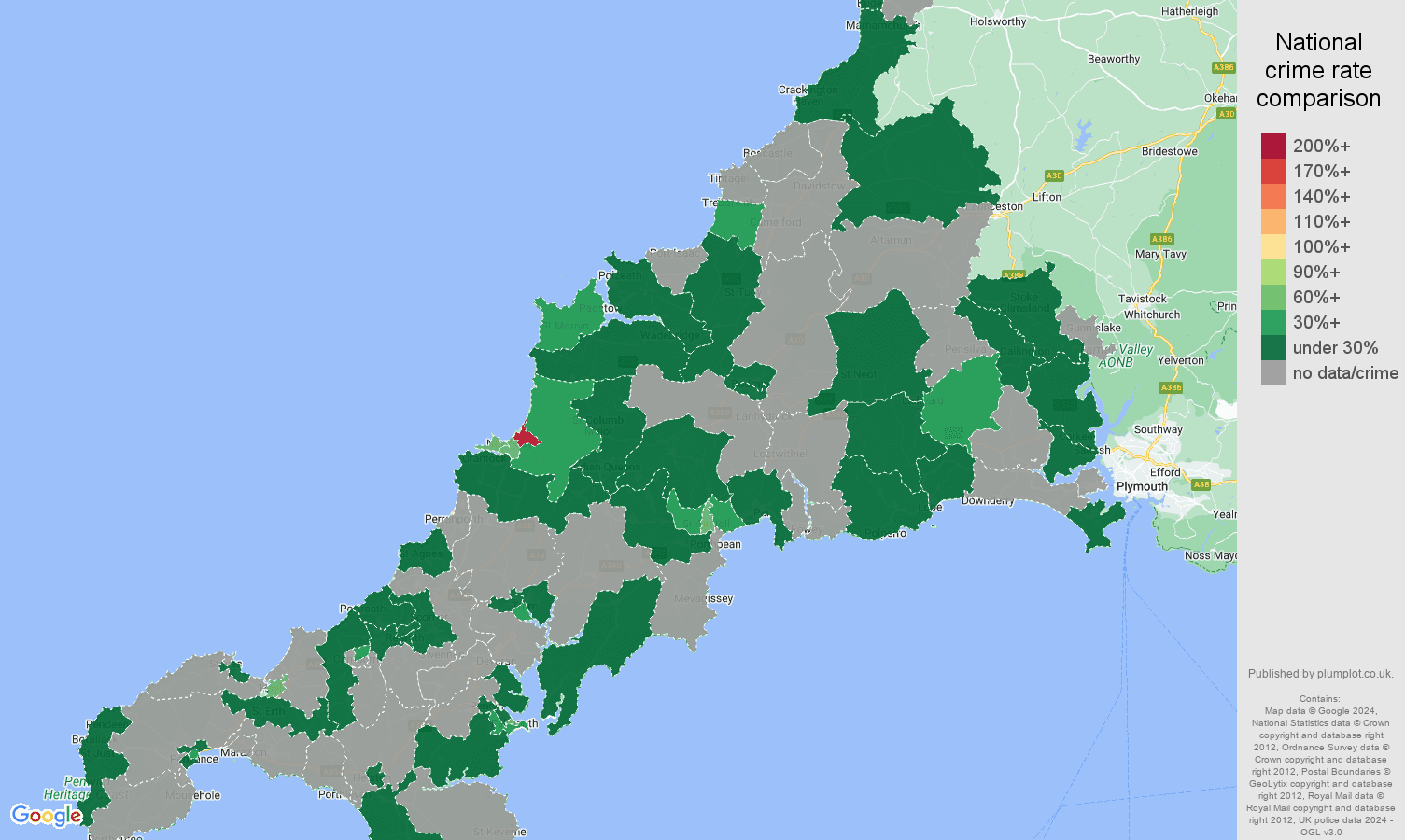Cornwall theft from the person crime rate comparison map