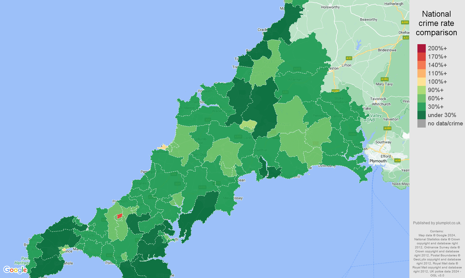 Cornwall violent crime rate comparison map