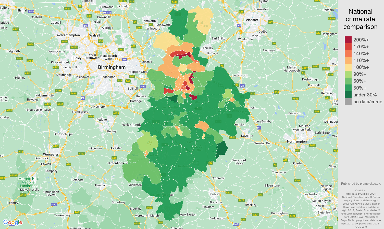 Coventry criminal damage and arson crime rate comparison map